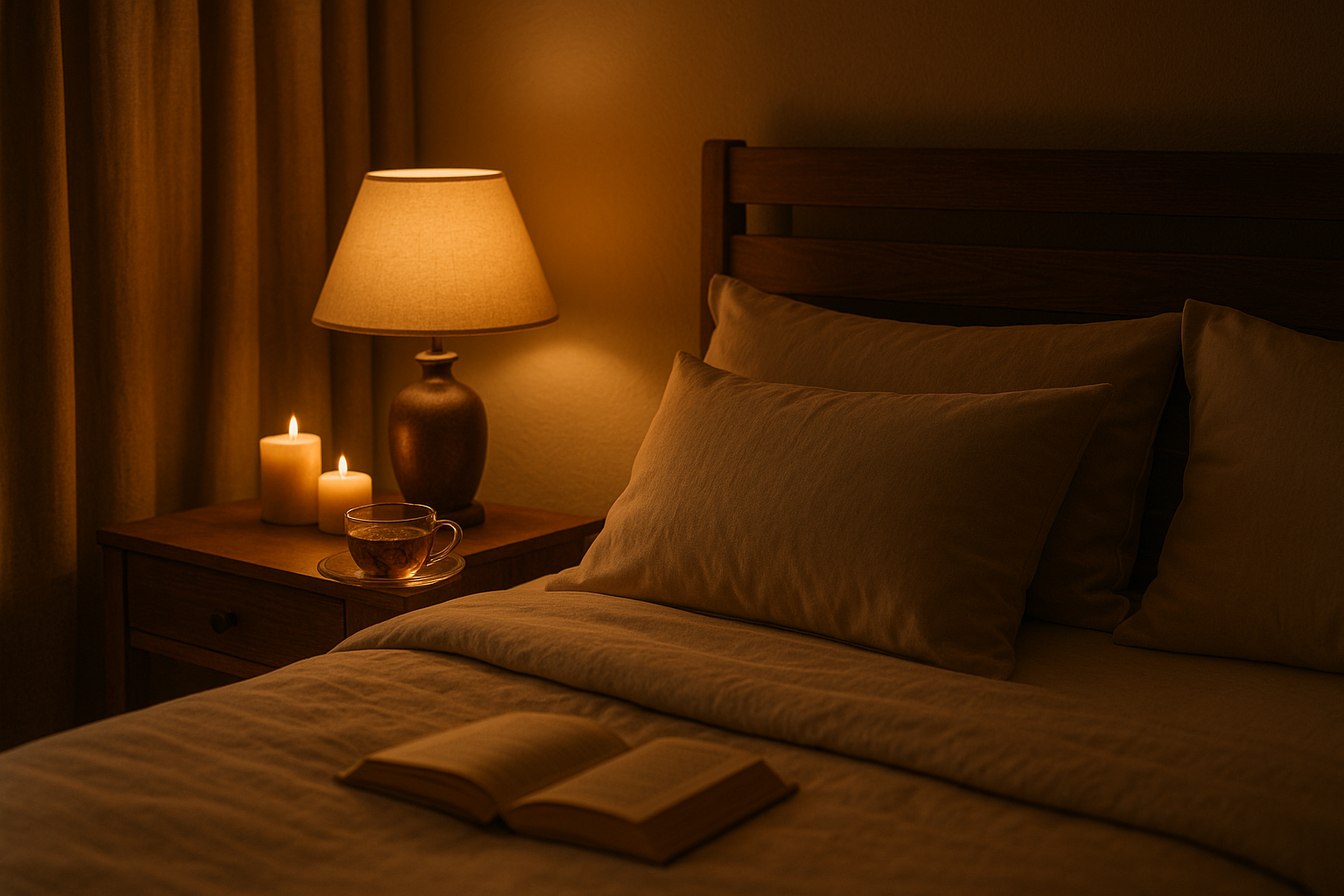A serene bedroom scene featuring a cozy bed with warm lighting, perfect for a relaxing bedtime routine