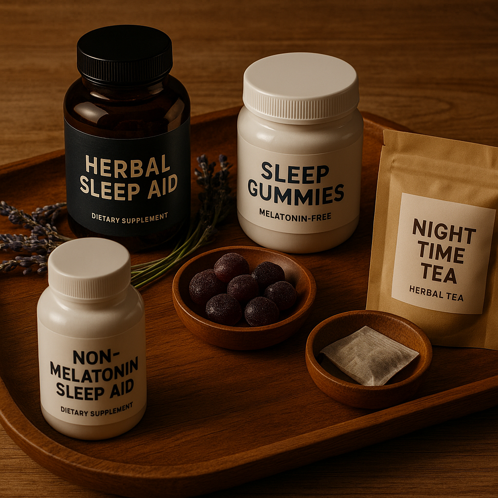 Various natural sleep supplements like melatonin-free tablets, gummies, and teas