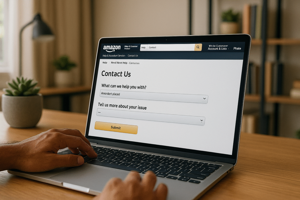 User accessing how to contact Amazon customer service via the help section on laptop