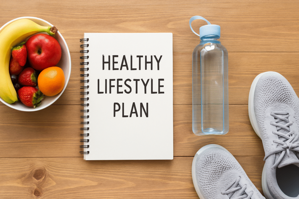Flat lay of healthy lifestyle essentials to help beginners learn how to start a healthy lifestyle.