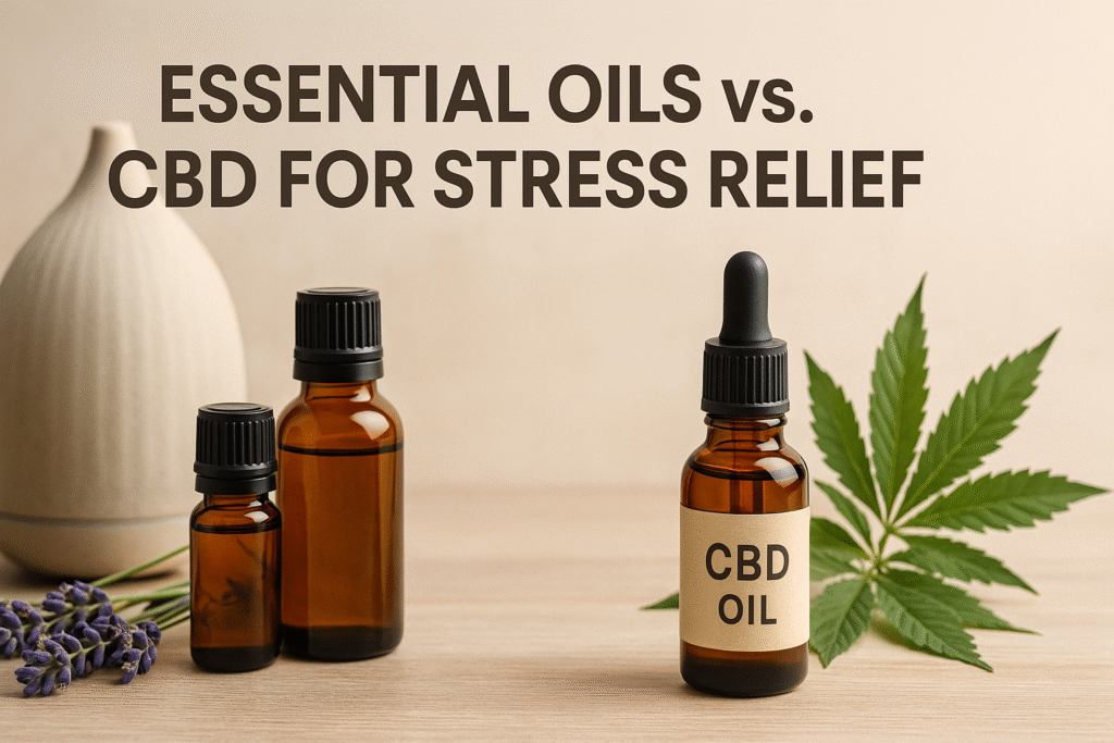 Featured image showing essential oils vs CBD for stress relief in a natural setting, highlighting both remedies for anxiety and relaxation.