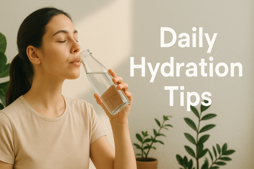 Woman drinking water in the morning as part of her daily hydration tips routine
