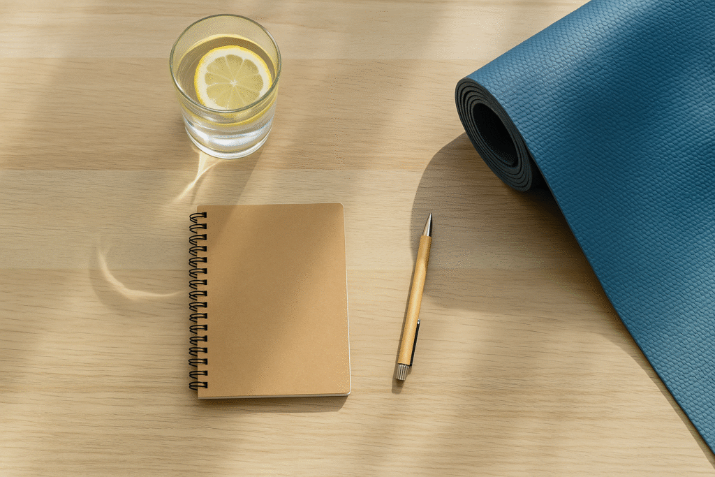 Flat lay image representing a daily wellness routine with lemon water, yoga mat, and journal on a wooden surface in natural morning light.
