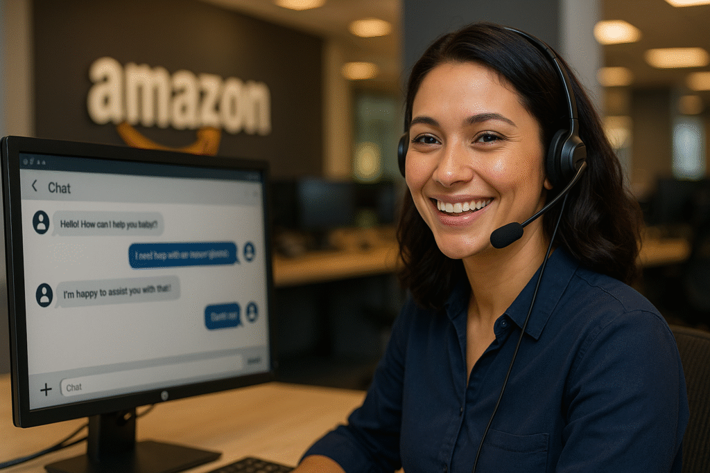 Amazon customer service agent helping a customer via live chat in a modern support center