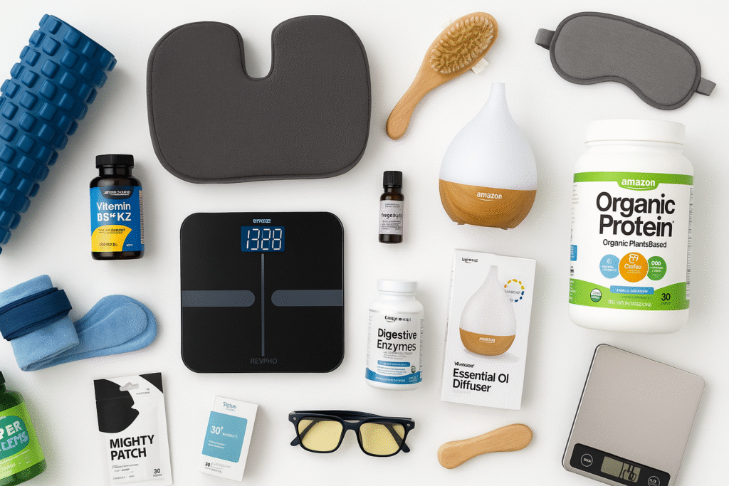 A flatlay of Amazon best-reviewed products for wellness in 2025, including top-rated supplements, fitness gadgets, and daily health tools.