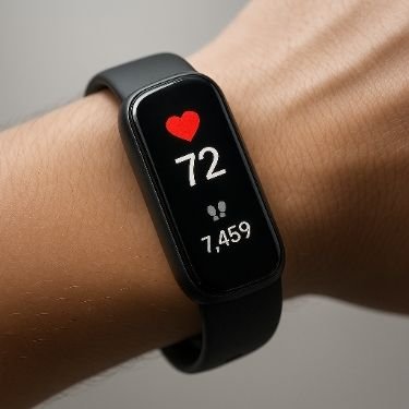 A sleek smart fitness tracker with a digital display showing heart rate and steps.