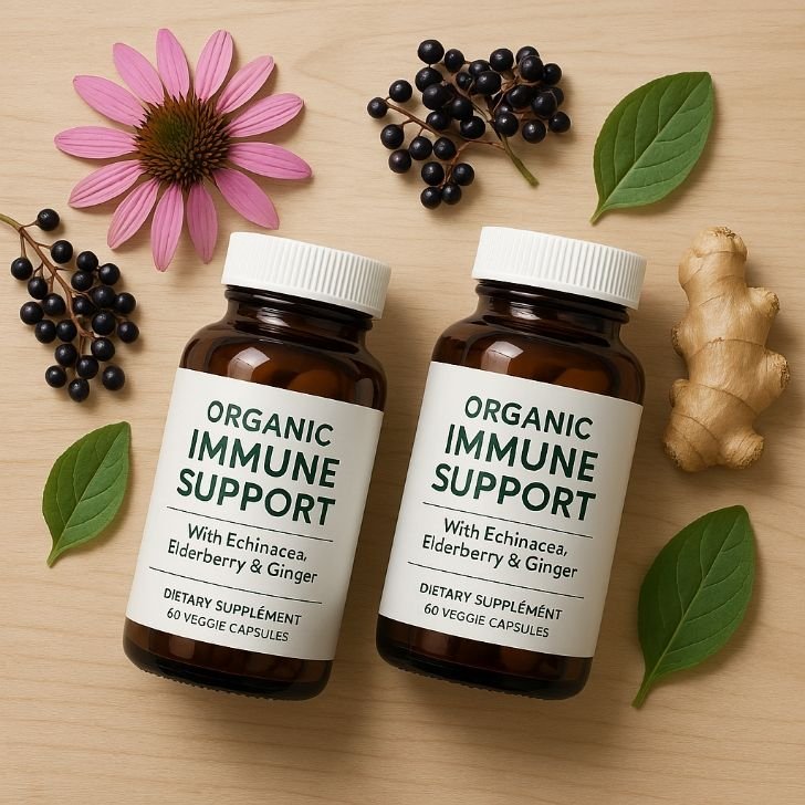 Bottles of organic immune-boosting supplements with natural herbs on a clean background.