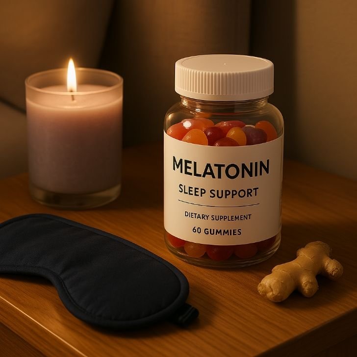 Colorful sleep support gummies in a glass jar labeled with melatonin and natural ingredients.