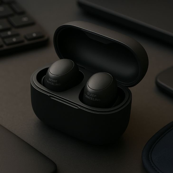 Modern wireless noise-canceling earbuds in a charging case with a sleek design.