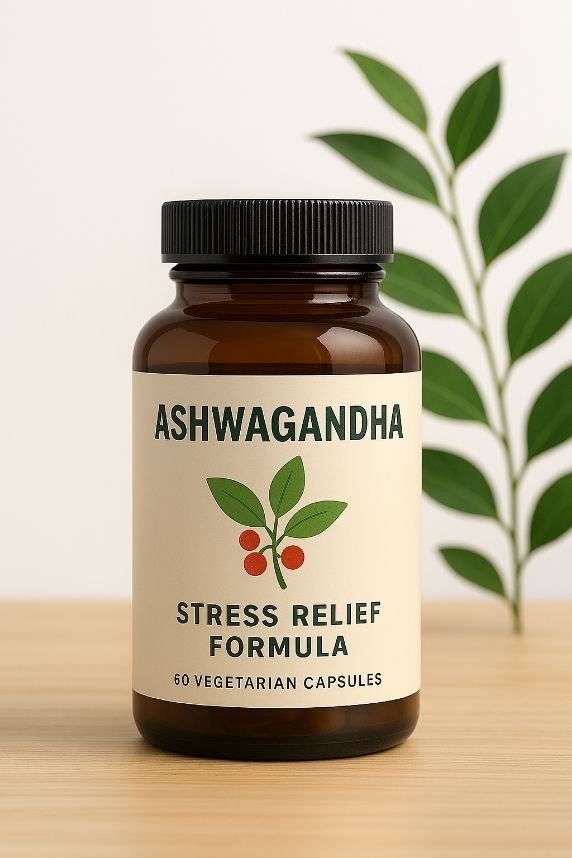 natural supplement bottle featuring ashwagandha for stress relief