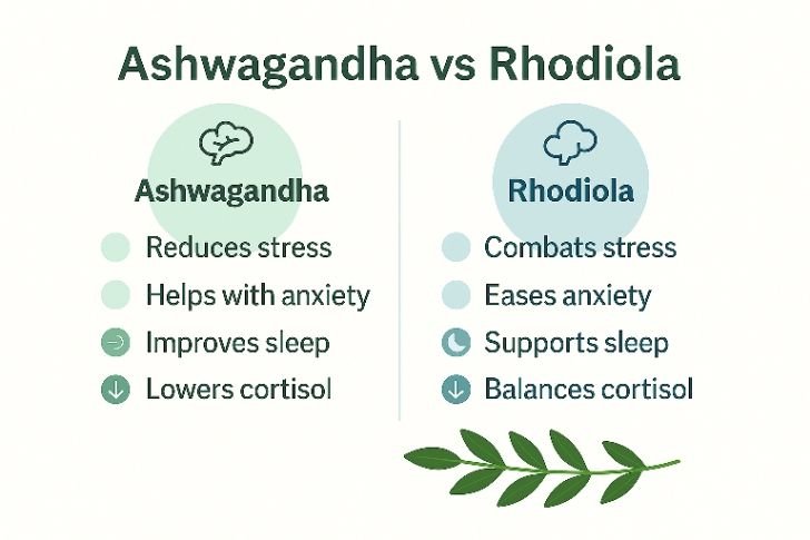 ashwagandha vs rhodiola comparison chart showing effects on stress, energy, and sleep