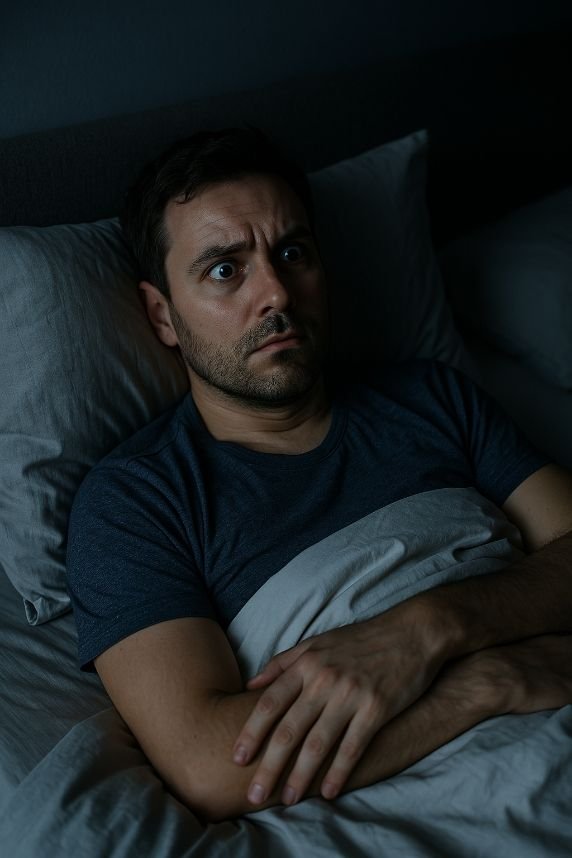 Stressed person with insomnia lying in bed, illustrating how cortisol affects sleep patterns