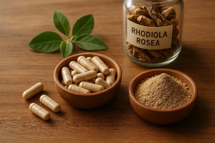 Natural supplements like ashwagandha and rhodiola displayed on a wooden table for cortisol relief