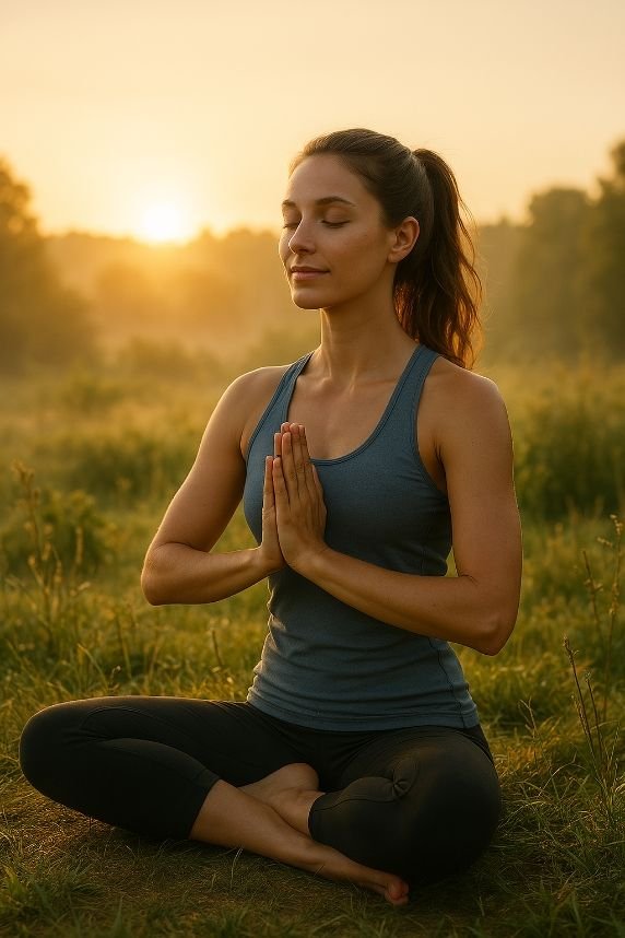 Woman doing yoga at sunrise outdoors, representing natural lifestyle to lower cortisol and improve sleep