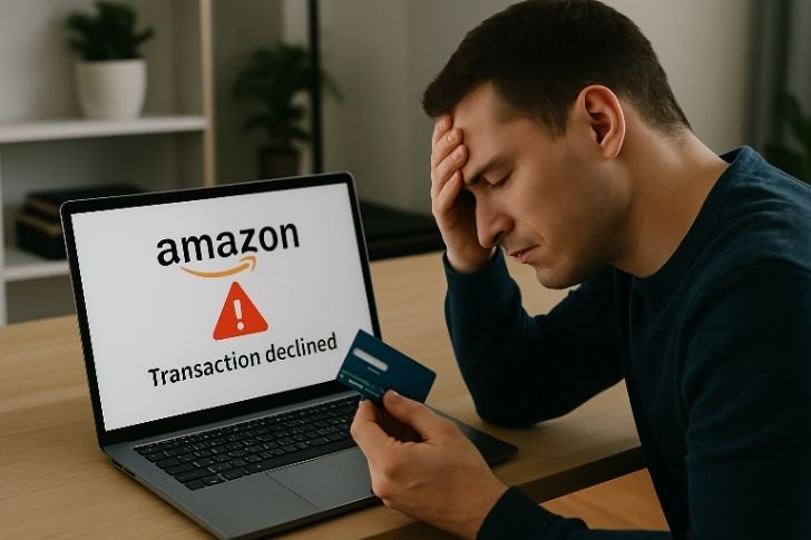User checking amazon payment issues with failed transaction on screen