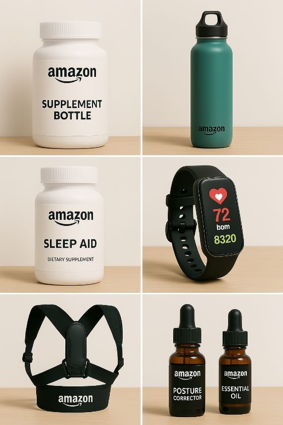 A collage of top selling items on Amazon for wellness and healthy living.