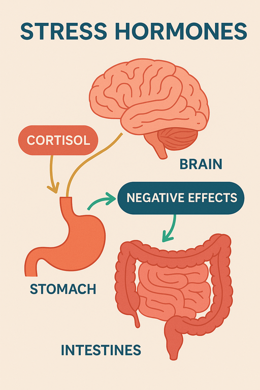 Diagram showing stress hormones and digestion disruption caused by cortisol, affecting gut function