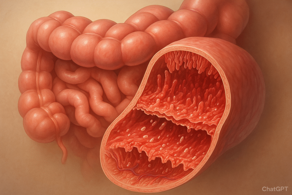 Illustration of the human gut showing leaky gut syndrome with highlighted intestinal lining damage and inflammation.