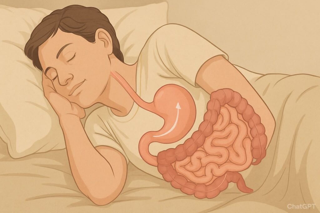 Left side sleeping position aiding digestion and promoting gut health sleep posture.