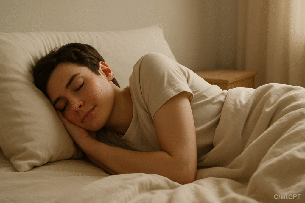 Sleep positions for digestion: Person sleeping on their left side to improve gut health sleep posture.