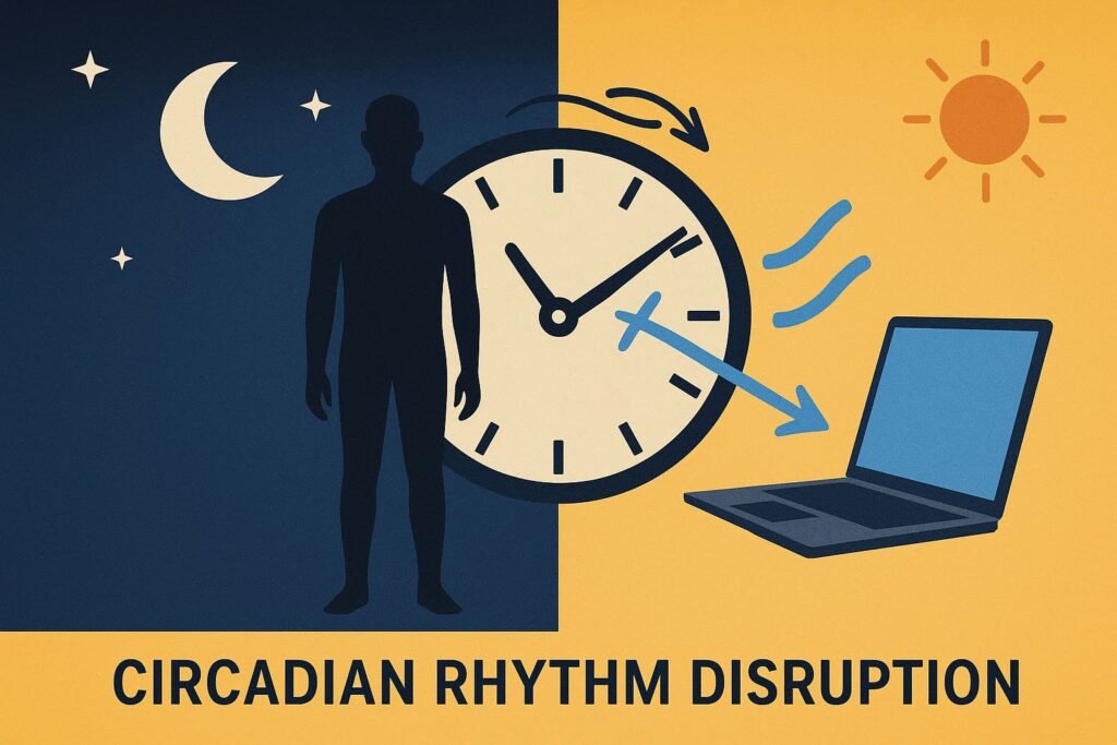 Diagram showing circadian rhythm disruption caused by late-night screen time, with mismatched biological clock visuals.