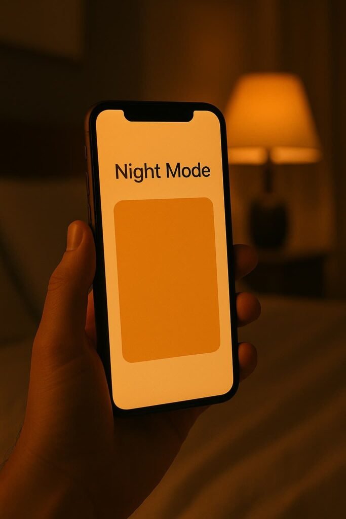 Smartphone screen showing night mode enabled with warm, amber tones to reduce blue light exposure.