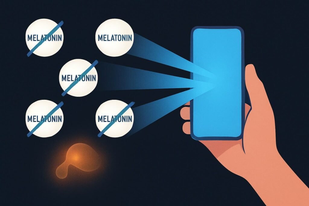 Scientific visualization of melatonin suppression due to nighttime blue light exposure from digital screens.