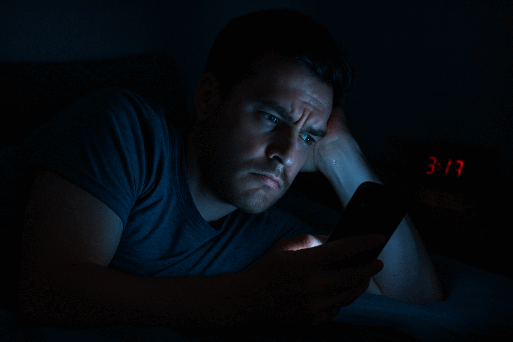 Blue light sleep disruption from phone screens at night — person in bed struggling to fall asleep due to blue light exposure.