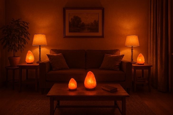 Warm-toned living room lit by Himalayan salt lamps and soft incandescent bulbs to minimize blue light at night.