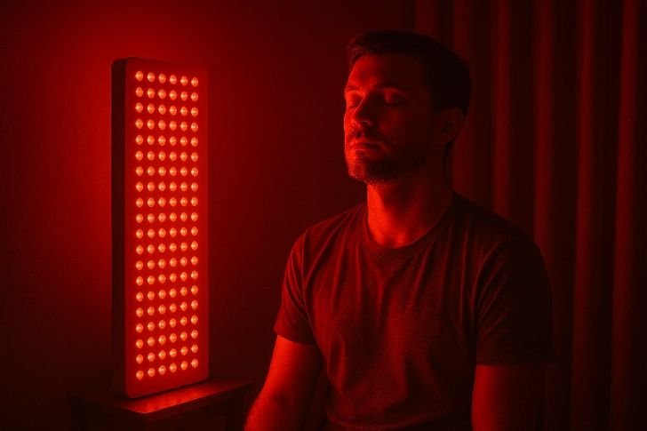 Person using a red light therapy panel in a dark room as part of an evening relaxation routine to improve sleep quality.