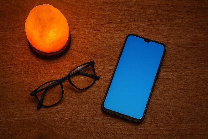 Flat lay of blue light blocking glasses, a smartphone with a screen protector, and a Himalayan salt lamp on a wooden desk.