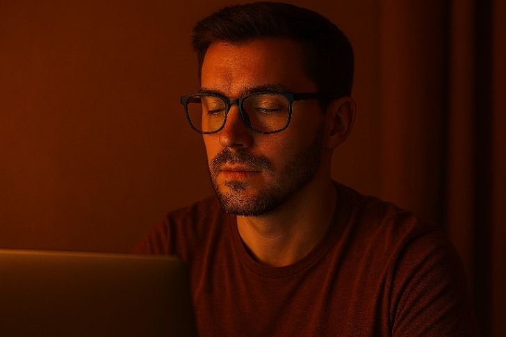 Person wearing blue light blocking glasses while working on a laptop at night with a calm, amber-lit room ambiance.
