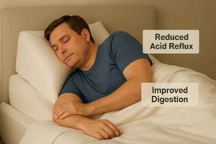 Wedge pillow supporting sleep positions for digestion in people with GERD and bloating.