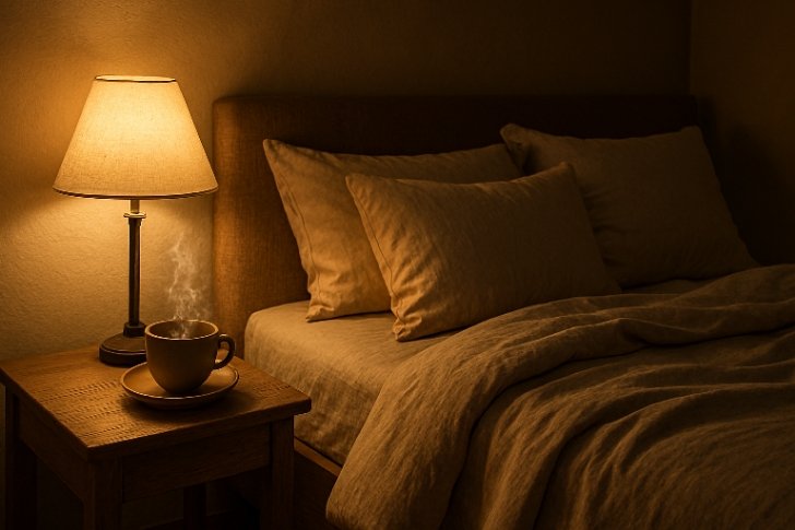 Illustration of relaxing evening rituals to lower cortisol before bedtime for better sleep and digestion