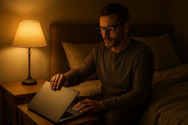 Warm bedroom lighting with person wearing blue light blocking glasses to lower cortisol before bed.