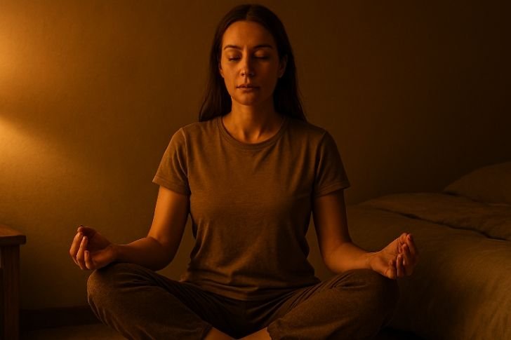 Woman practicing slow breathing meditation in dim lighting to lower cortisol before bed.