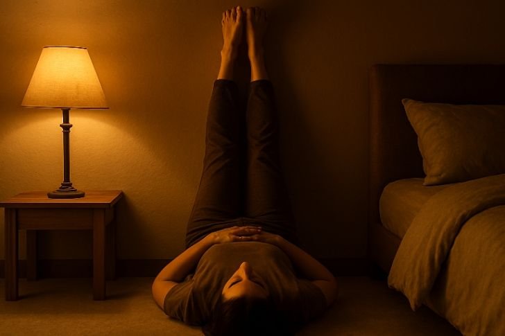 Gentle nighttime yoga stretch in cozy bedroom to lower cortisol before bed.