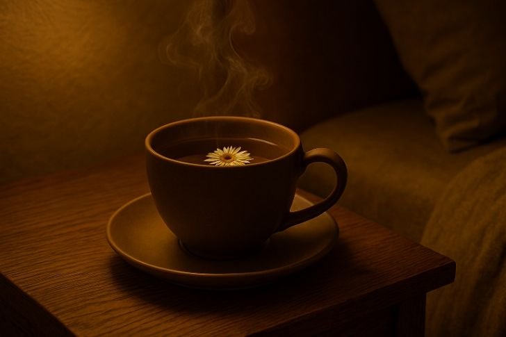 Cup of calming herbal tea like chamomile to help lower cortisol before bed.