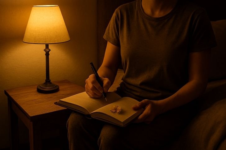 Person journaling before sleep to release stress and lower cortisol before bed.