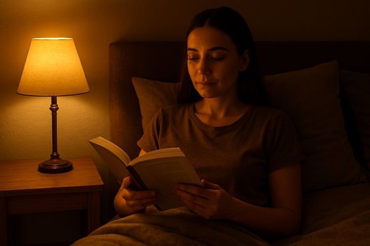 Reading a light book in bed to unwind and lower cortisol before bed.