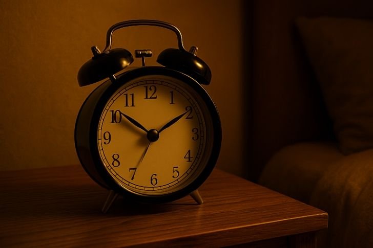 Alarm clock showing consistent bedtime routine to help lower cortisol before bed.