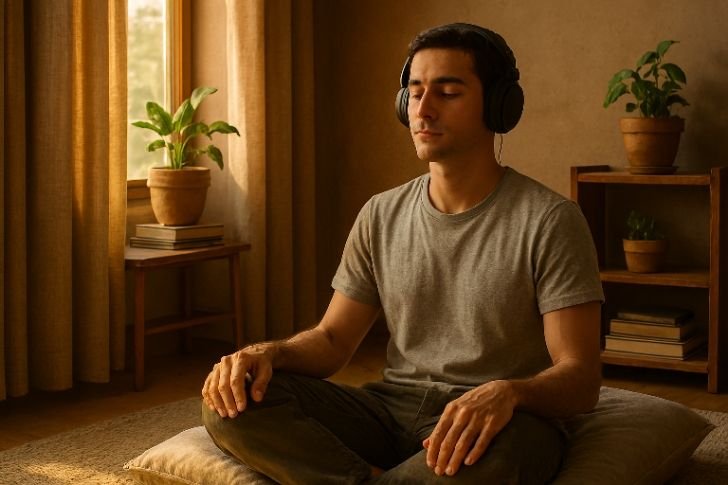 A person sitting in a quiet room with soft sunlight entering through the window, representing the balance between sound and silence for relaxation