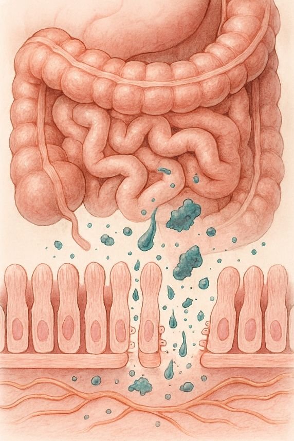 Close-up illustration of intestines with damaged gut lining, representing leaky gut syndrome.