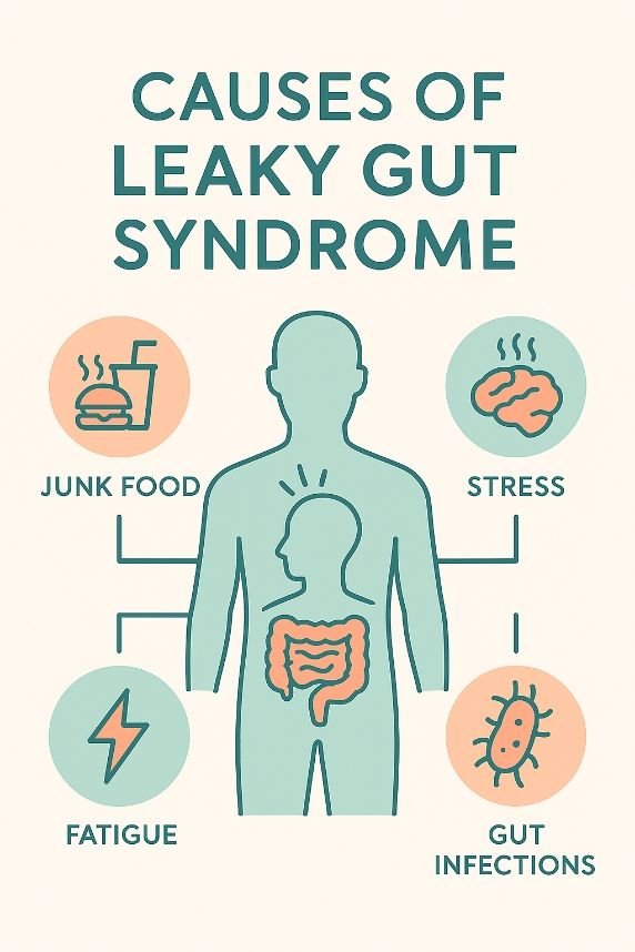 Illustration showing unhealthy diet, stress, and infections as causes of leaky gut syndrome.
