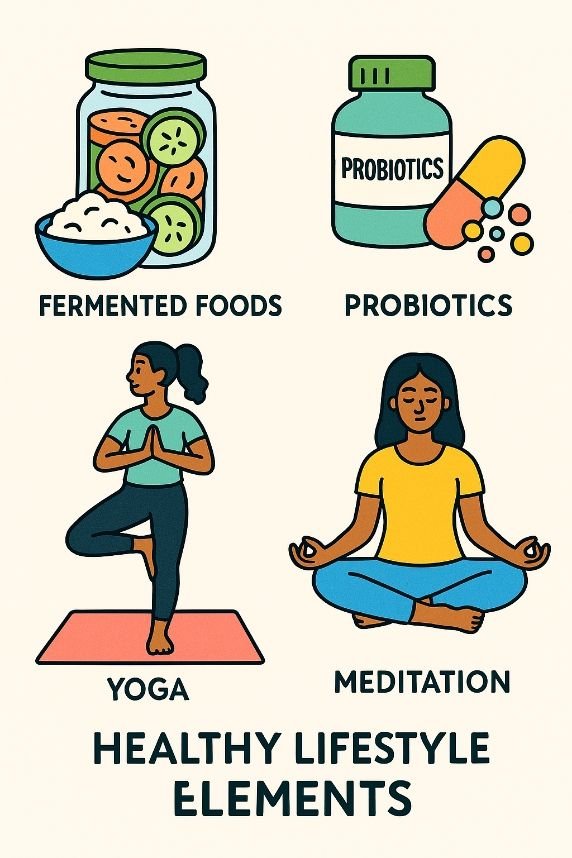 Healthy lifestyle illustration with fermented foods, supplements, and yoga for healing leaky gut syndrome.