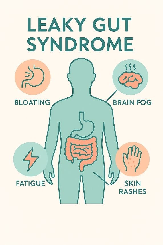 Infographic showing common symptoms of leaky gut syndrome such as bloating, fatigue, and skin issues.