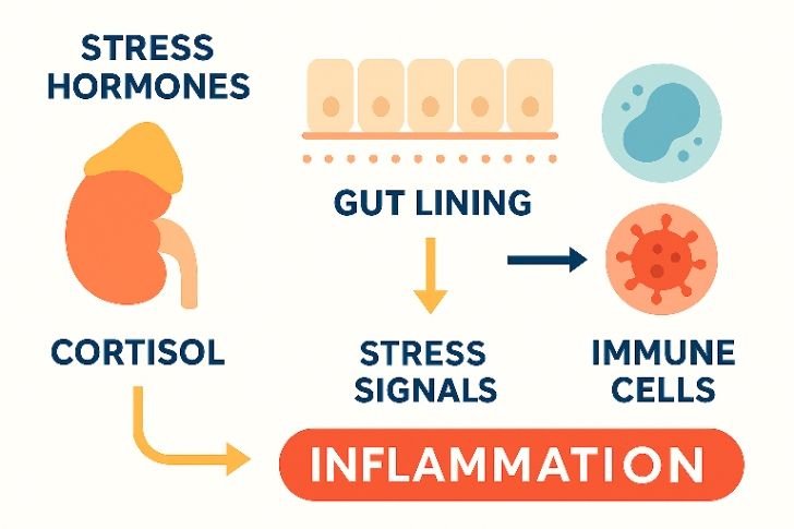 Diagram showing how chronic stress increases gut inflammation through cortisol and immune response
