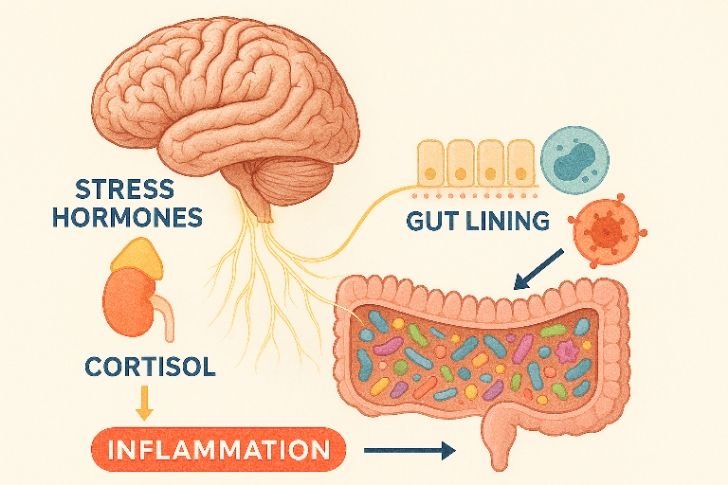 Illustration of gut-brain connection and the microbiome’s role in stress and gut inflammation