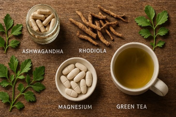 Natural supplements to lower cortisol – herbal capsules, vitamins, and calming tea on wooden table.