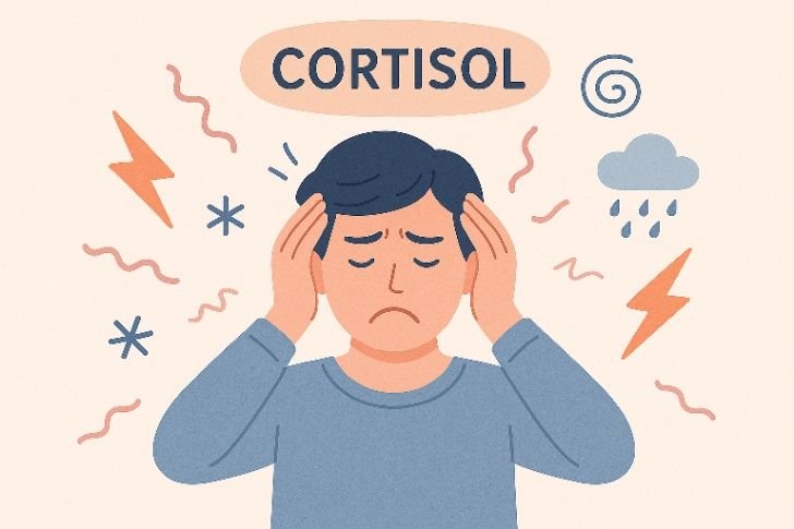 Stress and high cortisol illustration – overwhelmed person holding head with stress icons around.